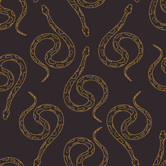 Seamless pattern with outline golden snake. Magic sacred creature background for print, textile, wrapping paper, cover, design. Hand drawn witch animal vector