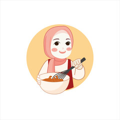 Cute bakery chef girl holding a cake smiling cartoon art illustration logo