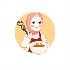 Cute bakery chef girl holding a cake smiling cartoon art illustration logo