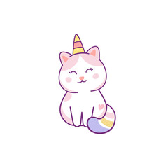 Cartoon cute white cat unicorns. Funny caticorn kittens vector. 
