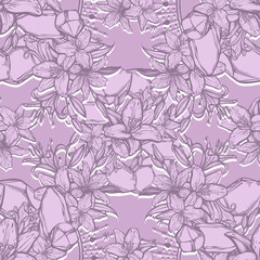 Botanical vector illustration, summer lilium flowers, bouquet of flowers, crystals, romantic decoration, line art style, Handmade, purple  background, seamless pattern