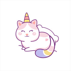 Cartoon cute white cat unicorns. Funny caticorn kittens vector. 