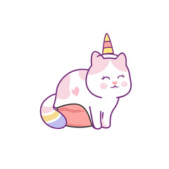 Cartoon cute white cat unicorns. Funny caticorn kittens vector. 