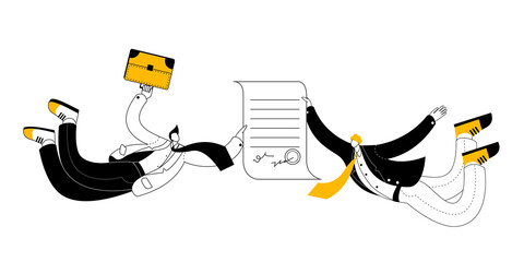 Men in business suits fly with a business document in their hands. Vector illustration on the topic of successful contract signing.