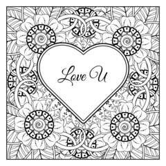 Mehndi flower with frame in shape of heart. decoration in ethnic oriental, doodle ornament.