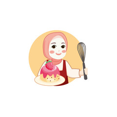 Cute bakery chef girl holding a cake smiling cartoon art illustration logo