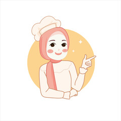 Cute bakery chef girl holding a cake smiling cartoon art illustration logo