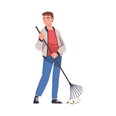 Man Character with Rake Collecting Garbage Cleaning Street Vector Illustration