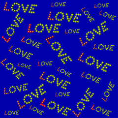Love text, made of flowers of different colors, vector background for Valentine's Day. Love is everywhere around us