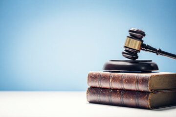 Judge gavel and law books in court background with copy space - 483971809