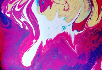 White-yellow-crimson marble background. Bright shades. Acrylic paint spreads freely and creates an interesting pattern. Background for laptop cover, book, laptop, fabric