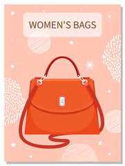 Cartoon illustration of women bag vector icon on blue background, poster with stylish handbag. Ladies handbag in flat style. Elegant ladies bright leather bag, female accessories with handles