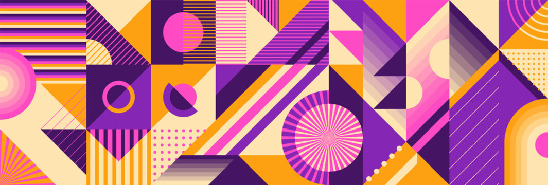 Geometric pattern design in retro style made of colorful geometric shapes. Vector illustration.