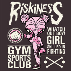 Girl training at the gym dressed in pink. Illustration of a girl lifting dumbbells and exercising. Gym and fitness illustration concept.