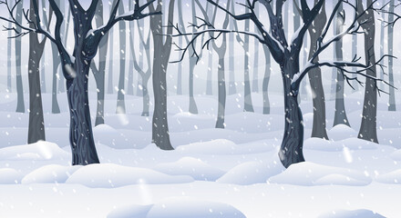 mystic winter forest landscape. natural seamless woodland horizontal background at wintertime with mist and fog. cartoon picture of cold, snowy deep forest with woods silhouettes, pathway and snowfall
