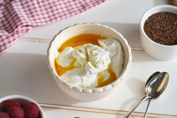 Budwig diet - cottage cheese, flax seed oil and fresh raspberries