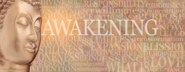 Buddhism Words associated with  Awakening Wall Art - golden Buddha head beside a word cloud relevant to AWAKENING on a soft golden bokeh background
