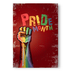 Happy pride month grunge poster with Rised LGBT fist colored in lgbt flag isolated on red background. LGBT Pride month or pride day vertical poster design template. Fight for your LGBT rights concept