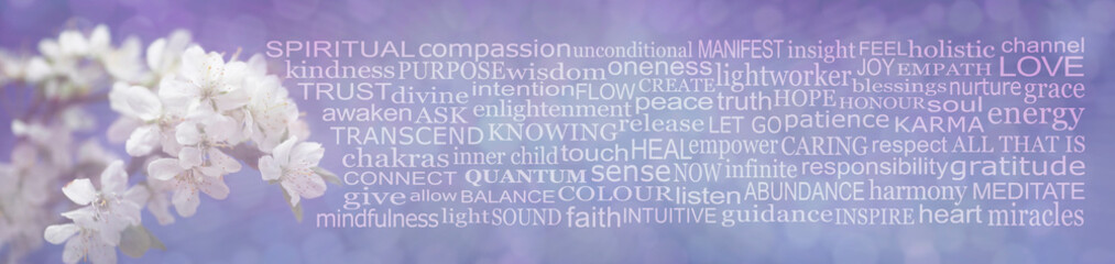 Spring Blossom and Spiritual Words Wall Art Concept -  white apple blossom on left with and a wide word cloud relevant to spirituality against a blue lilac flowing background
