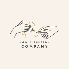 Vector design linear template logo or emblem - hands with golden thread. Abstract symbol for hand made cosmetics and packaging or beauty products.