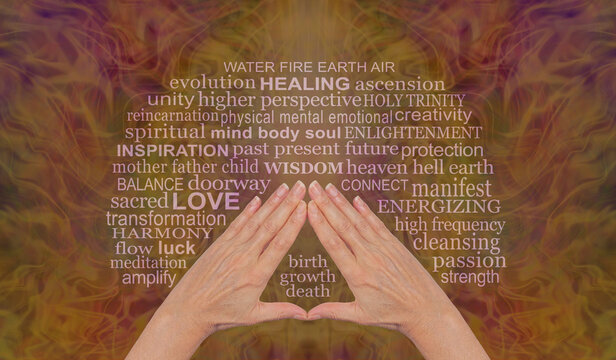 Words associated with Pyramid Triangle Unan Healing Energy - female hands making a triangular shape on a warm dark golden flowing  energy field background surrounded by relevant word cloud
