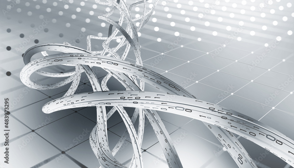 Aufkleber High-speed Internet, blockchain technology, optical data transmission. Cyberfield of encoded data. 3D illustration of woven information flows in nanostructure of network servers