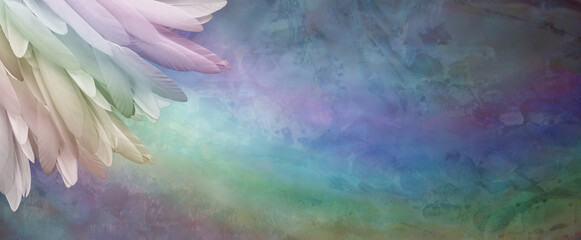 Rainbow feathers on  rustic rainbow background banner - long thin pastel tinted feathers in left...