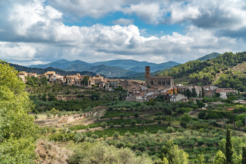 City of Pobloeda with the Montsant mountain range in the background. Priorat, Catalonia (Spain).