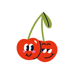 Vector illustration cute branch of cherry with smiling face. Cartoon character isolated on a white background.