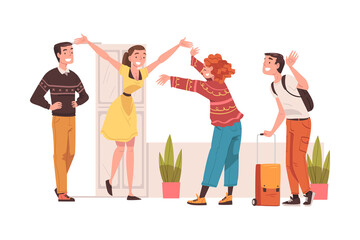 Happy Man and Woman Character Coming Back and Returning Home Standing Near Open Door with Relatives Welcoming Them Vector Illustration