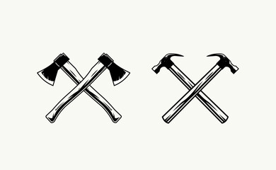 Crossed axes logo. Crossed hammers logo. Textured vintage tools vector illustration 