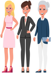 Obraz premium All age groups of europeans. Woman of different generations concept. Stages of development of women, adolescence, maturity, old age. Elderly, adult and young ladies in business and casual clothes