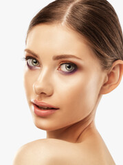 Obraz premium Portrait of attractive girl with healthy clean skin and beautiful make-up. Aesthetic cosmetology and makeup concept.