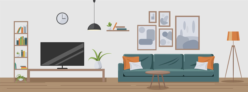 Modern house interior background. Cozy apartment furnished with a sofa, table, shelf with books and flowerpots, TV, paintings and lamps in cartoon style.