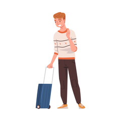 Happy Man Character Coming Back and Returning Home Standing with Suitcase Vector Illustration