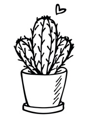 Cute hand drawn simple cactus. Houseplant in a pot. Cacti illustration isolated on white background. Cozy home doodle.