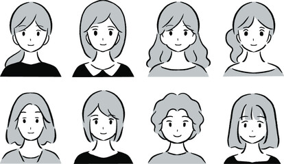 モノクロの女性のアイコンイラストのセット