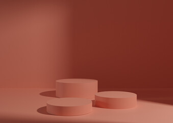 Three pastel pink podiums or stands on salmon pink background for product display. Minimal composition for product photography 3D rendering mockup. Window light coming from right side.