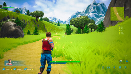 Day Video Game Mock-up: Gameplay of 3D FPS Shooter Online Multiplayer Battle Royale. Fun Tactical Arcade with Hero Characters Fighting in Open World Fighting, Shooting Guns. Colorful, Cartoon Style © Gorodenkoff