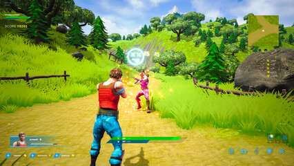 Day Video Game Mock-up: Gameplay of 3D FPS Shooter Online Multiplayer Battle Royale. Fun Tactical Arcade with Hero Characters Fighting in Open World, Shooting Guns. Colorful, Cartoon Style © Gorodenkoff