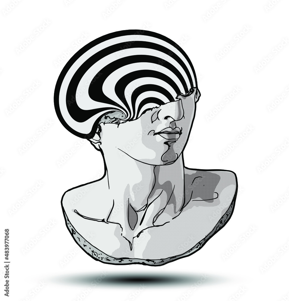 Aufkleber vector hand drawn illustration of classical sculpture fragment of colossal head with abstract curved