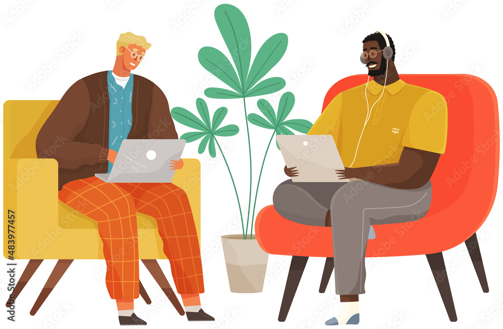Poster working male characters employee in office sitting on armchair with computer typing on keyboard comm