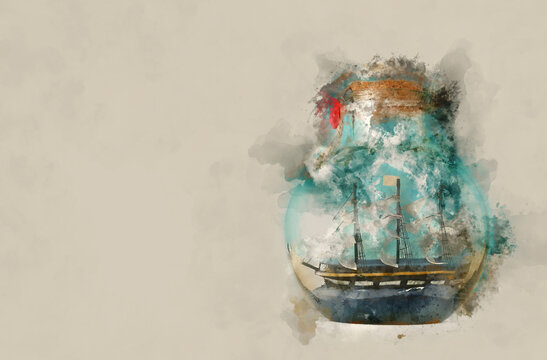 watercolor style abstract image of nautical concept with old boat in the bottle