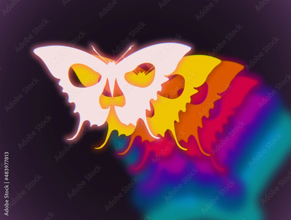 Poster skull butterfly abstract concept colorful illustration in the 80s and 90s synthwave style design on 