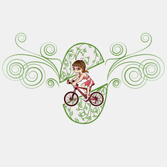 Girl with bicycle inside a floral coat of arms. Female cyclist on her pink bicycle. Cycling female concept.