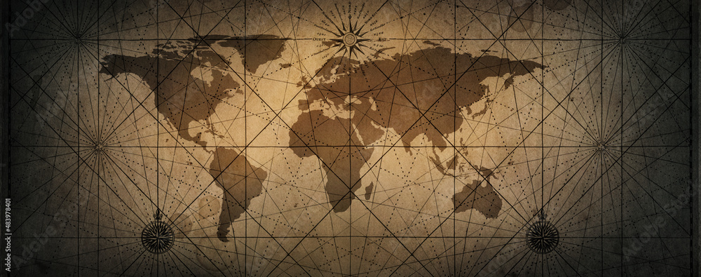 Poster Old map of the world on a old parchment background. Vintage style. Tinting in gray-brown color. Elements of this Image furnished by NASA.