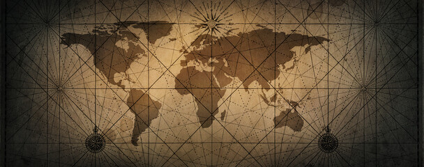 Old map of the world on a old parchment background. Vintage style. Tinting in gray-brown color....