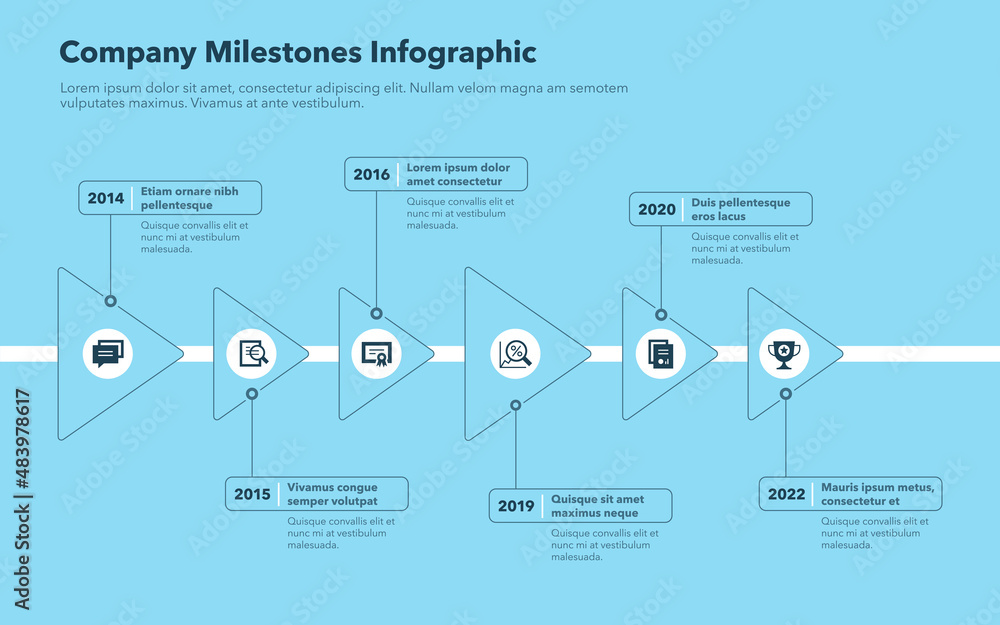 Poster modern infographic with six steps for company milestones - blue version. easy to use for your websit