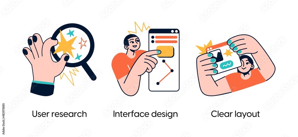Poster user interface development - abstract business concept illustrations. user research, interface desig