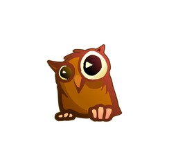 Owl funny. Cheerful wild animal. A comical character. Outline sketch. Hand drawing is isolated on a white background. Vector